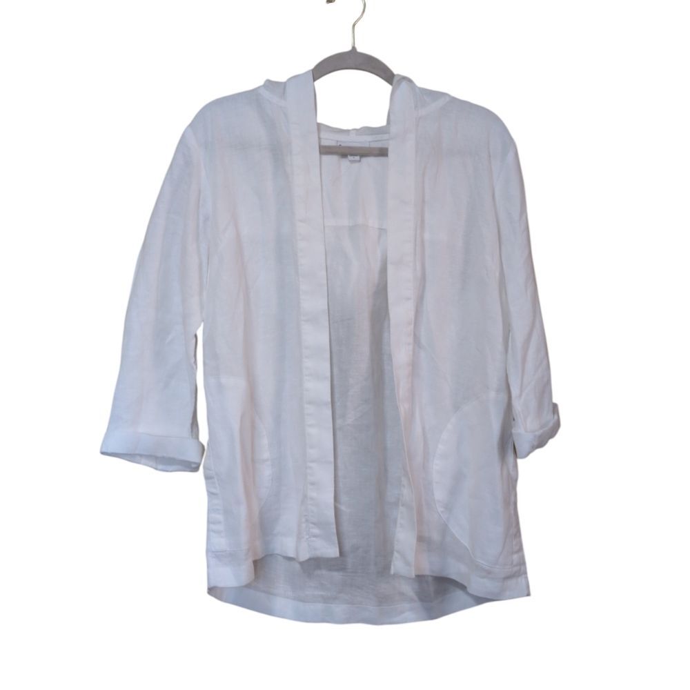 Pure Jill J. Jill White Linen Open Front Jacket size Small hood lagenlook beach - Picture 2 of 8